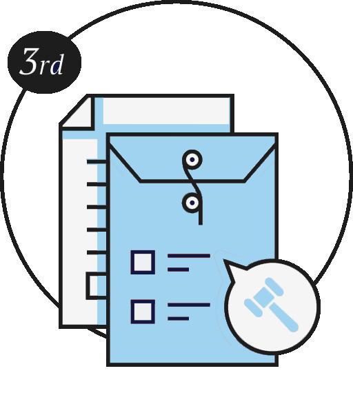 Legal documents and a gavel icon representing the legal process in real estate and estate matters.