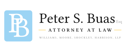 Logo of Peter S. Buas, attorney at law, featuring initials "PB" in a blue square, with the name "Peter S. Buas" and "Esq" above "ATTORNEY AT LAW," and the firm name "WILLIAMS, MOORE, SHOCKLEY, HARRISON, LLP" below.